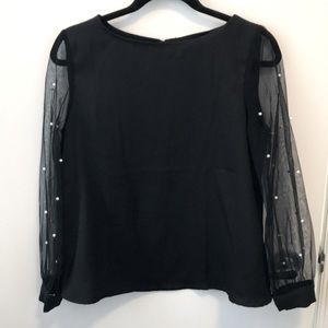Black top with sheer sleeves, pearl details, size small
